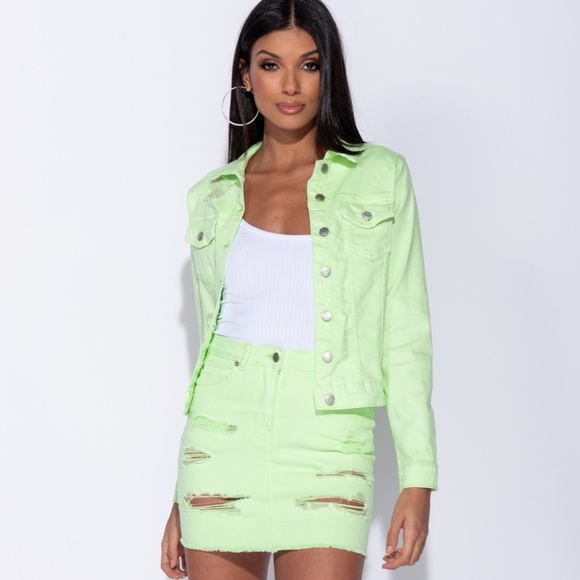 Rumors Neon Green Distressed Denim Jean Jacket - Picture 2 of 8